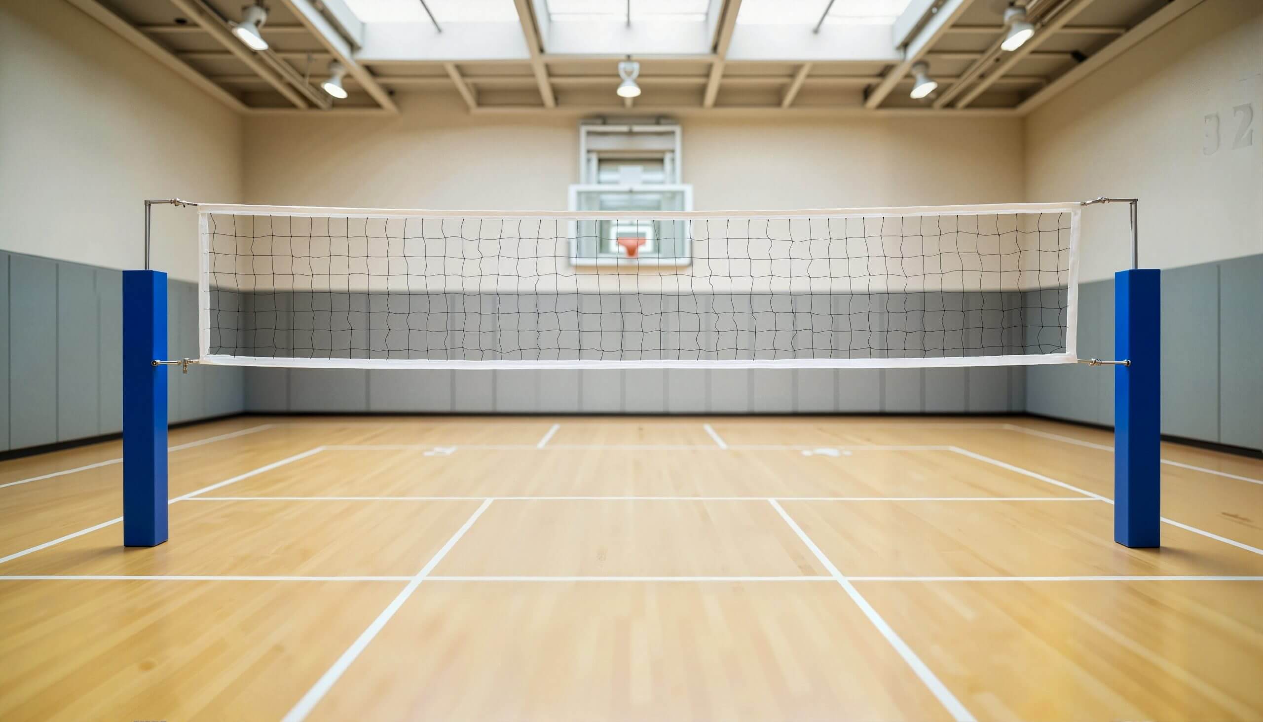 Volleyball net in a spacious school gymnasium, active mood, sports environment concept