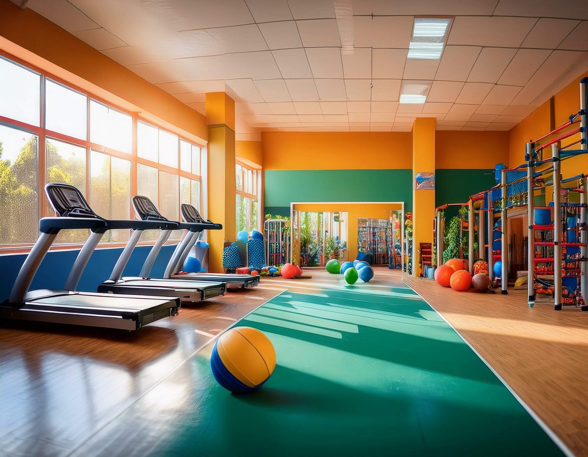 Physical education room full of fitness sport equipment for indoor training. School gym